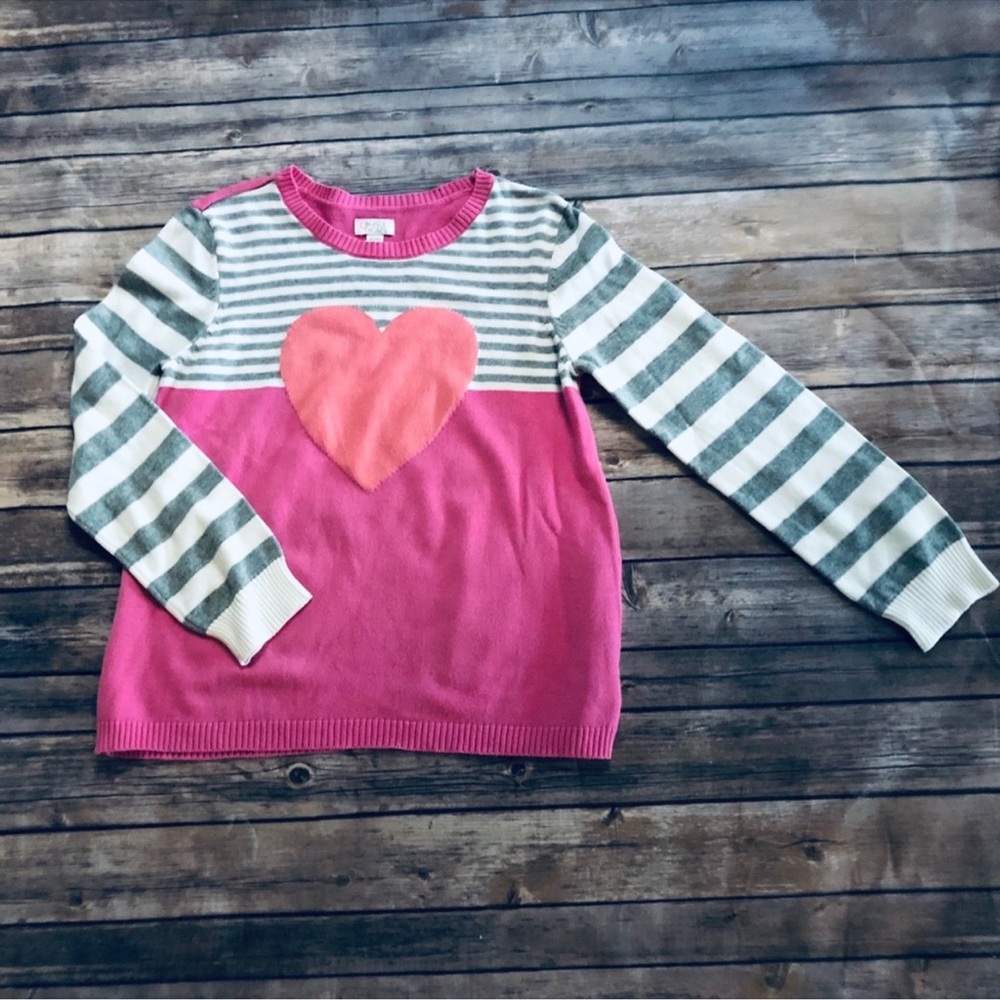 Place Pink and Gray Striped Heart Sweater